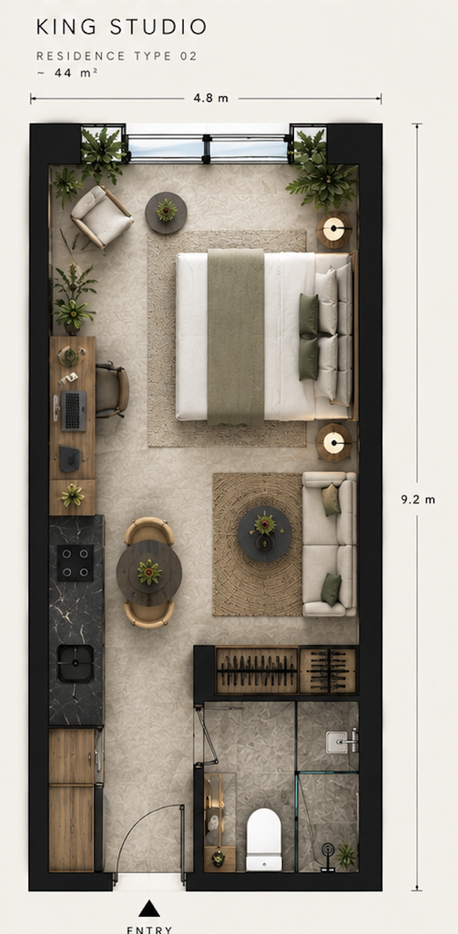 King Studio Approximately 44 m² with distinct living zones.